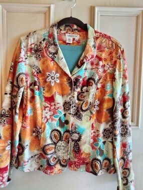 Coldwater Creek Floral Button-Front Jacket in Orange, Teal, Brown
